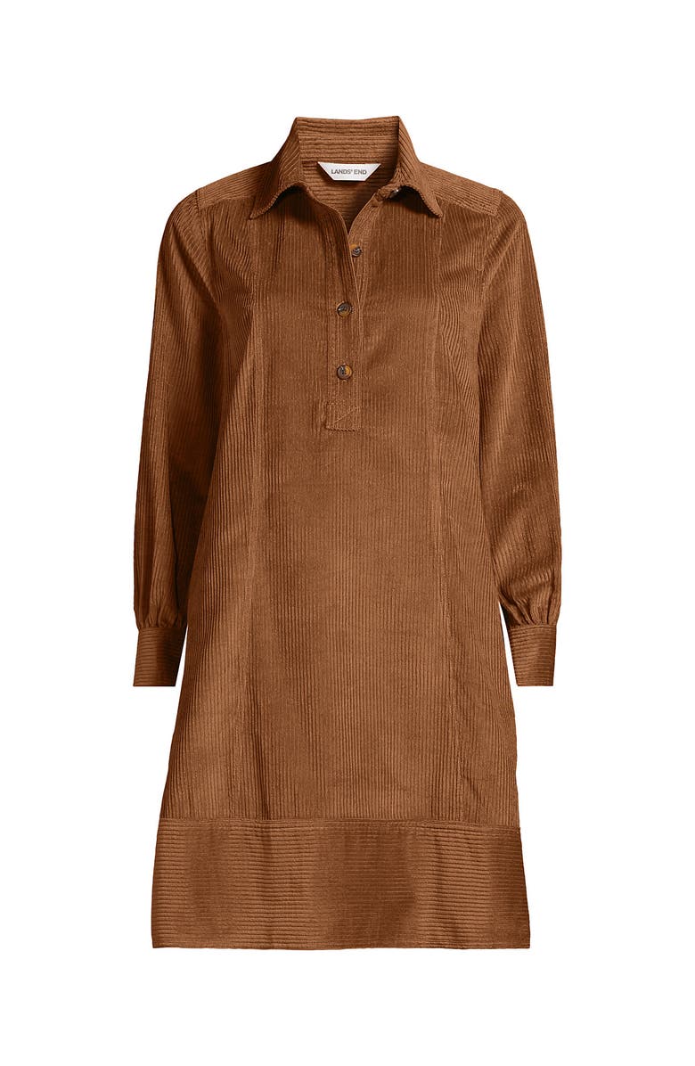 Lands' End Wide Wale Cord Popover Long Sleeve Shirt Dress, Alternate, color, Maple Toffee
