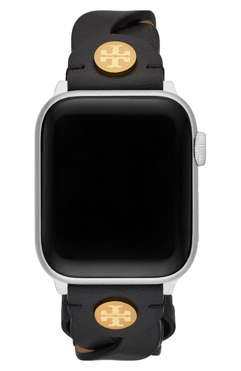 Tory Burch Braided Leather 20mm Apple Watch<sup>®</sup> Watchband, Alternate, color, Black