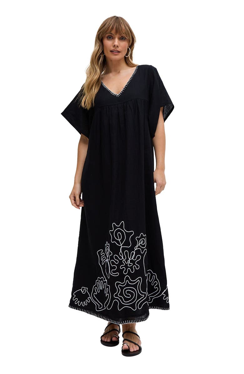 Raffya Candy Tabard Embroidered Hem Midi Dress, Main, color, Black
