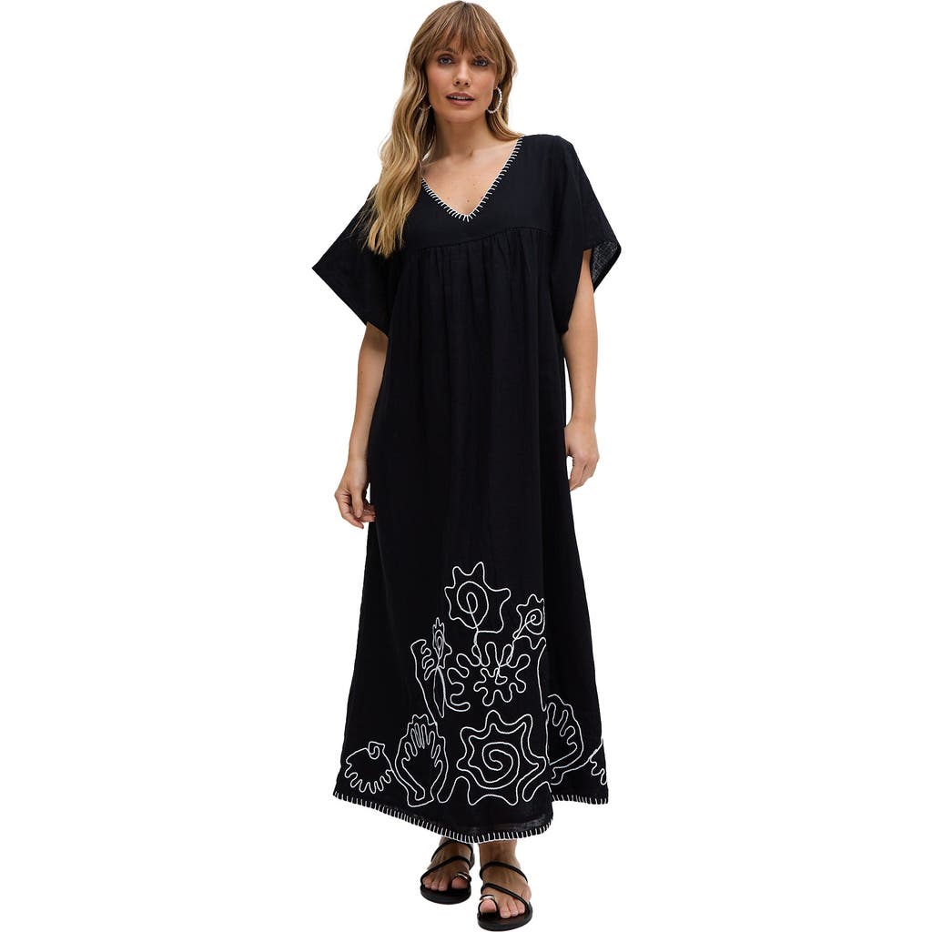 Raffya Candy Tabard Embroidered Hem Midi Dress In Black