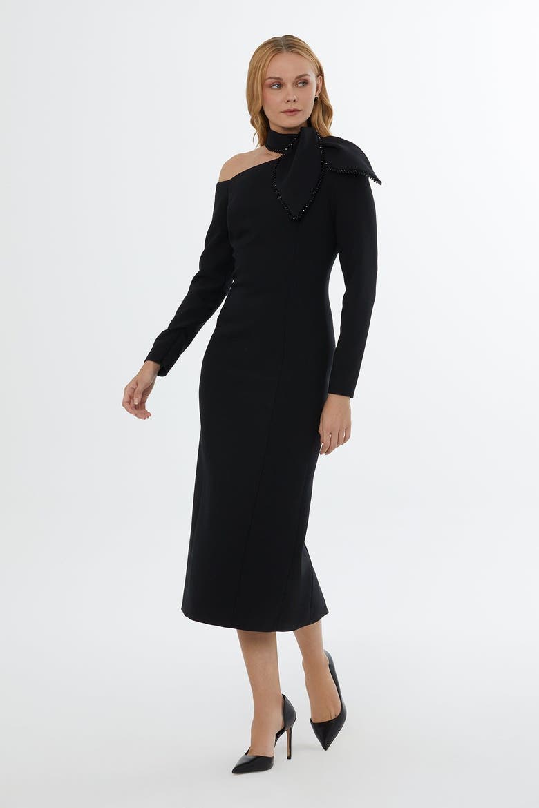 Embroidered Midi Dress with Back & Sleeve Zips, Alternate, color, Black