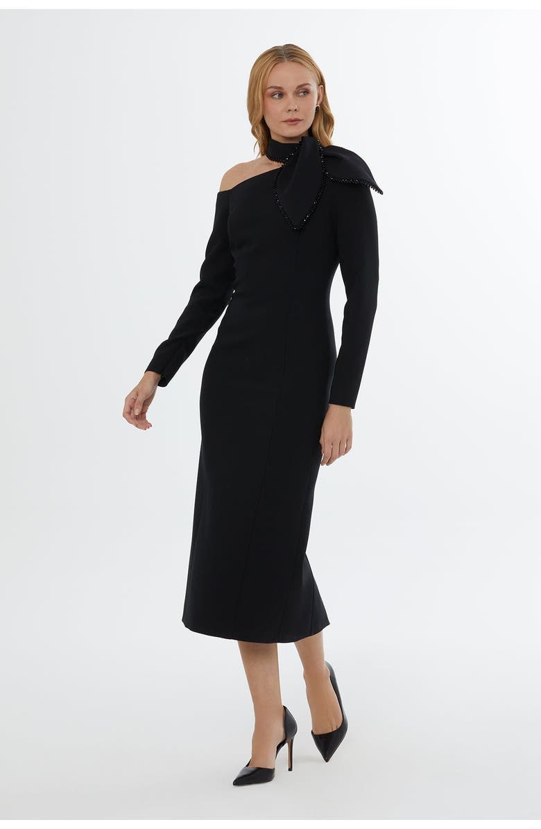 Gizia Embroidered Dress with Back and Sleeve Zips, Alternate, color, Black