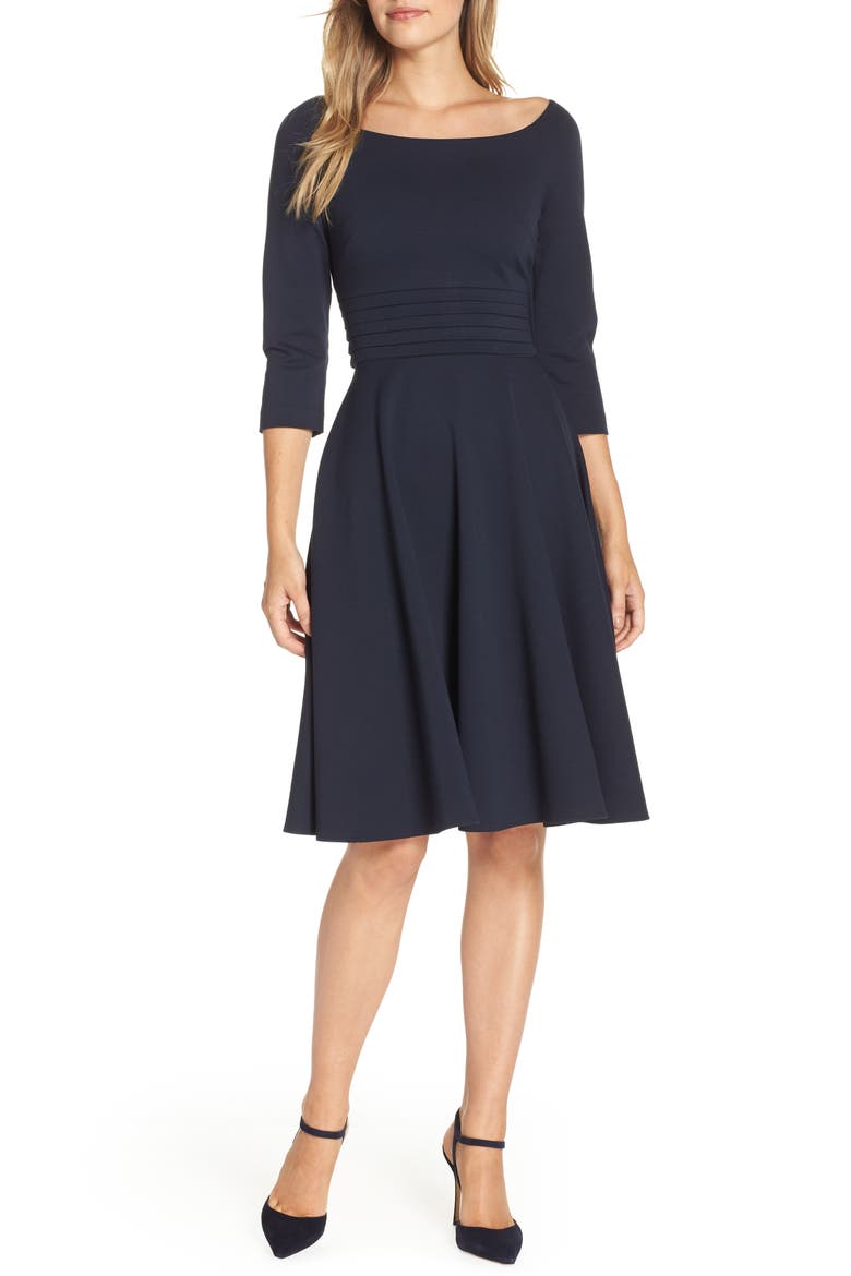 Pleated Waist Fit & Flare Dress, Main, color, NAVY