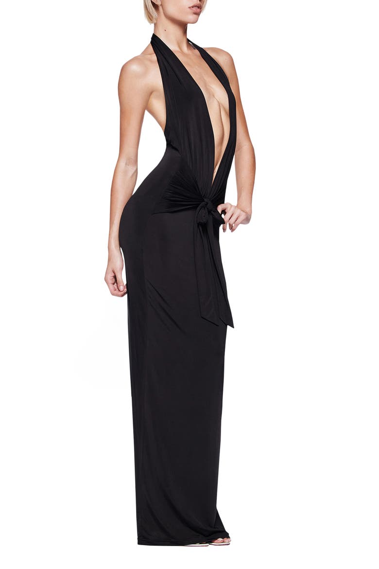 Ziva Plunge Halter Maxi Cocktail Dress, Alternate, color, BLACK