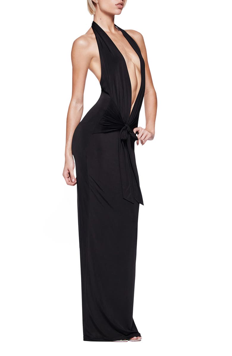 I.AM.GIA Ziva Plunge Halter Maxi Cocktail Dress, Alternate, color, Black