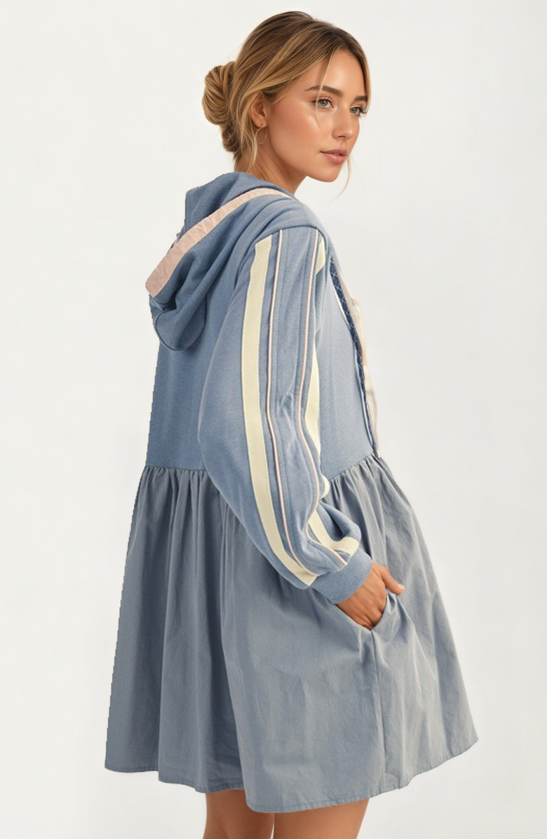 Knit and Lounge Sporty Hoodie Half Zip Contrast Stripe Mini Dress, Alternate, color, Blue