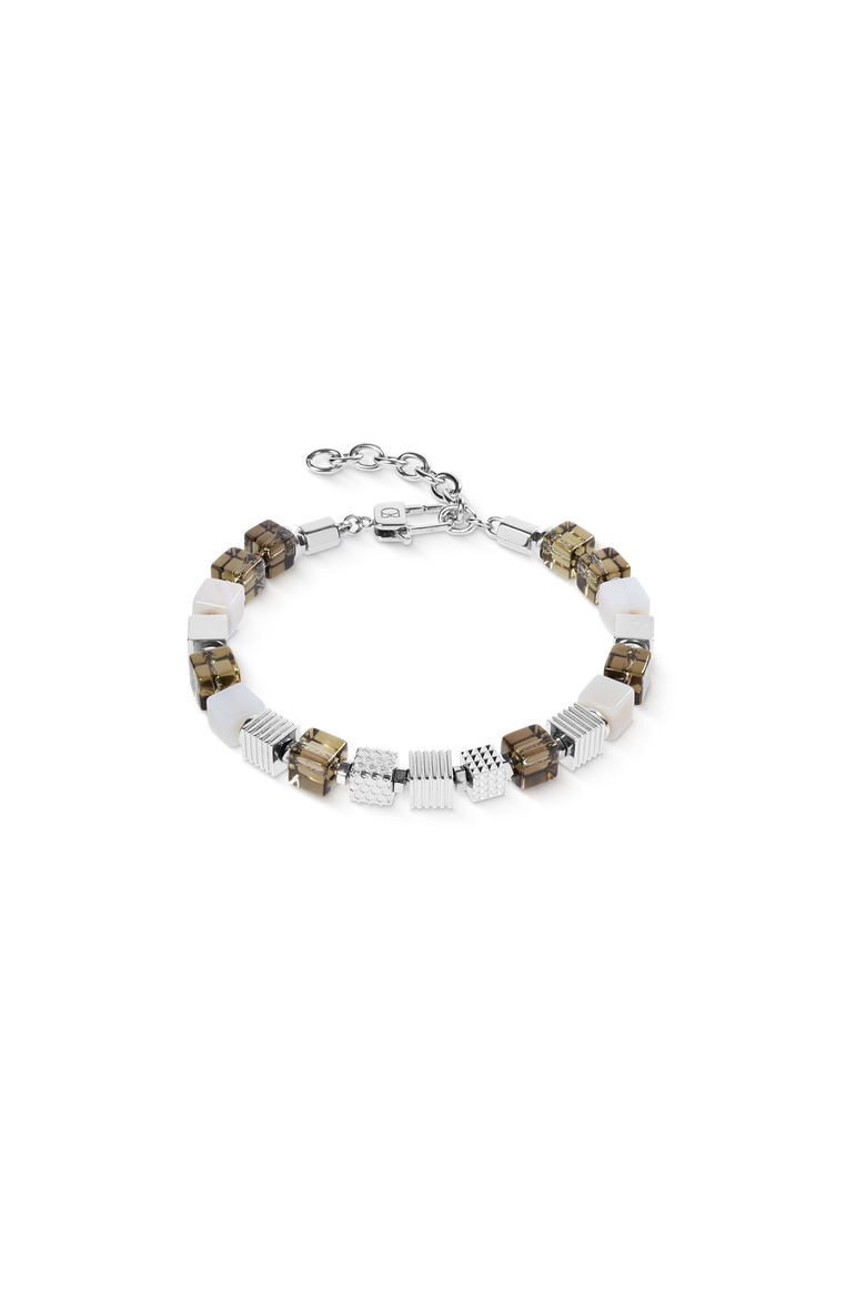 Smoky Quartz Graphic Cubes Bracelet In Stainless Steel, Main, color, Silver