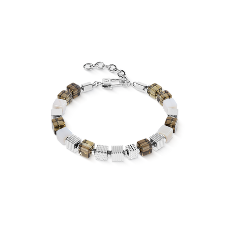 Smoky Quartz Graphic Cubes Bracelet In Stainless Steel