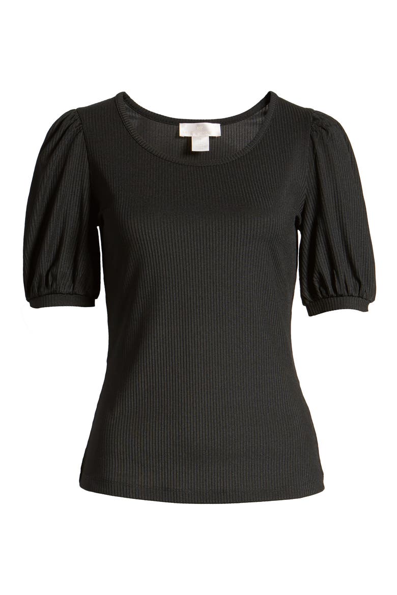 Ribbed Puff Sleeve Tee, Alternate, color, BLACK
