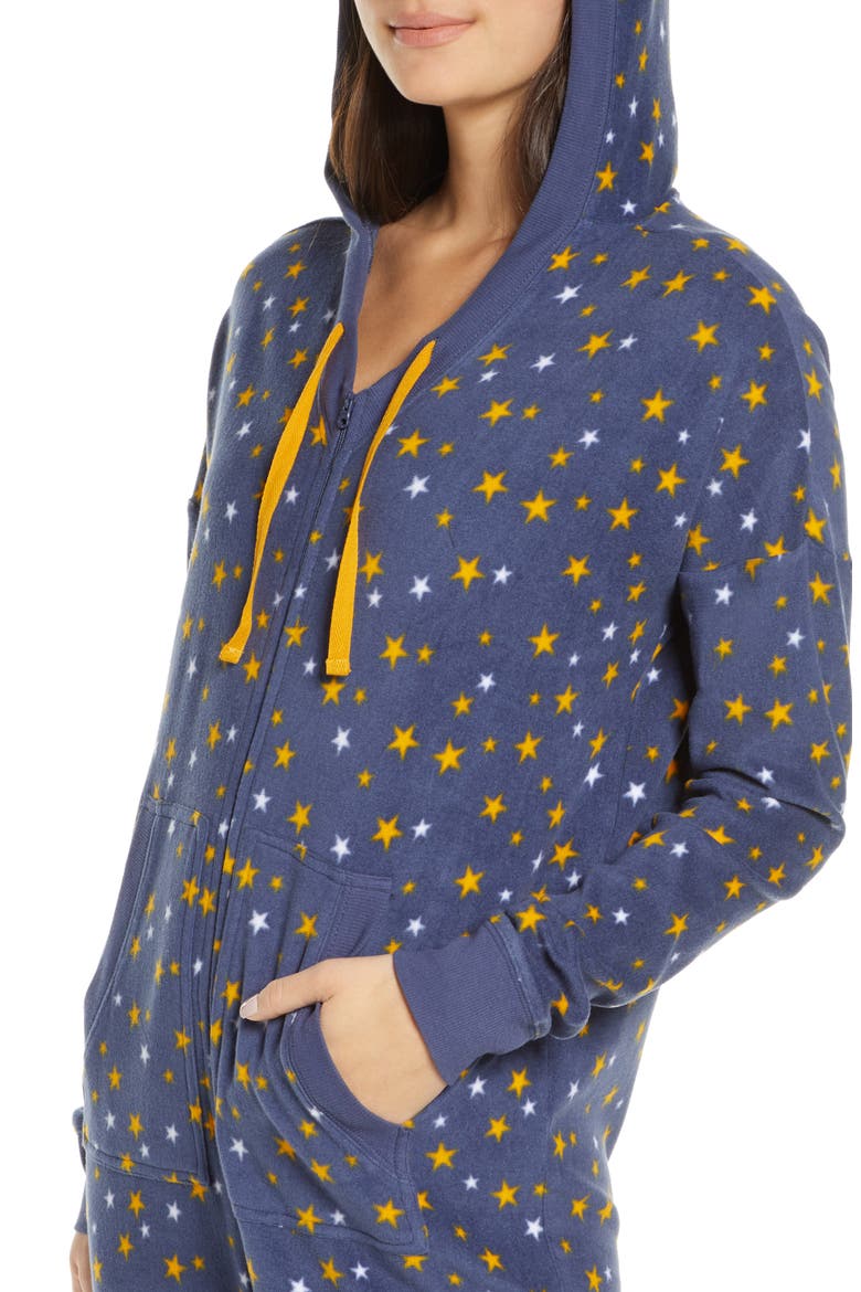 Microfleece Hooded Jumpsuit Pajamas, Alternate, color, BLUE VINTAGE STARS