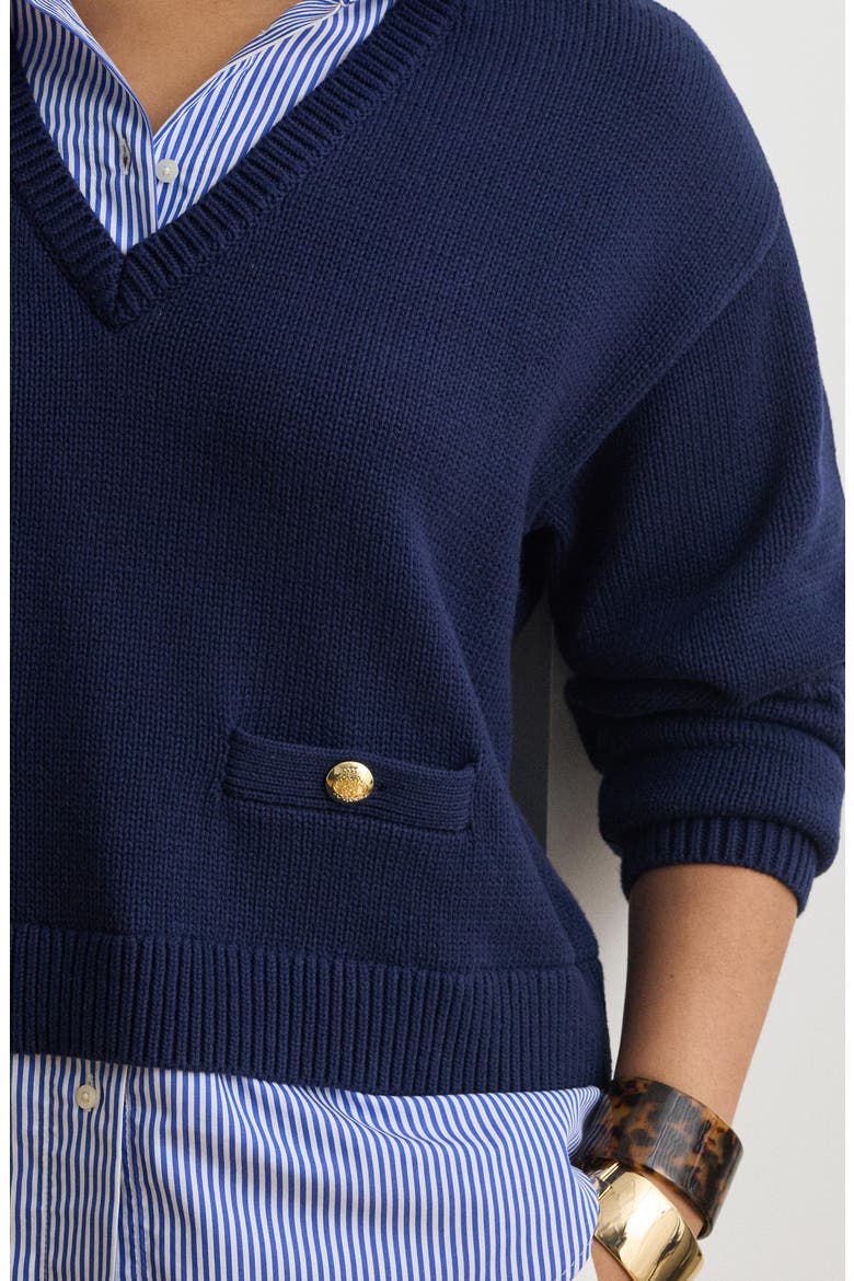 Layered-Look Button Trim Cotton Sweater, Alternate, color, REFINED NAVY BLUE/ MULTI