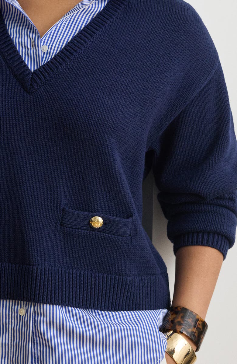 Lauren Ralph Lauren Layered-Look Button Trim Cotton Sweater, Alternate, color, Refined Navy Blue/ Multi