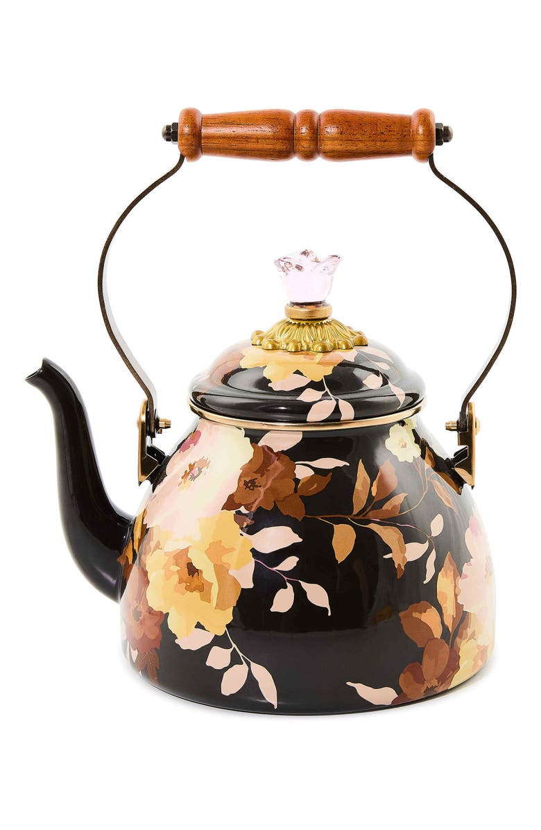 MACKENZIE CHILDS Wild Rose Brown Enameled Steel 2-Quart Tea Kettle, Main, color, Brown