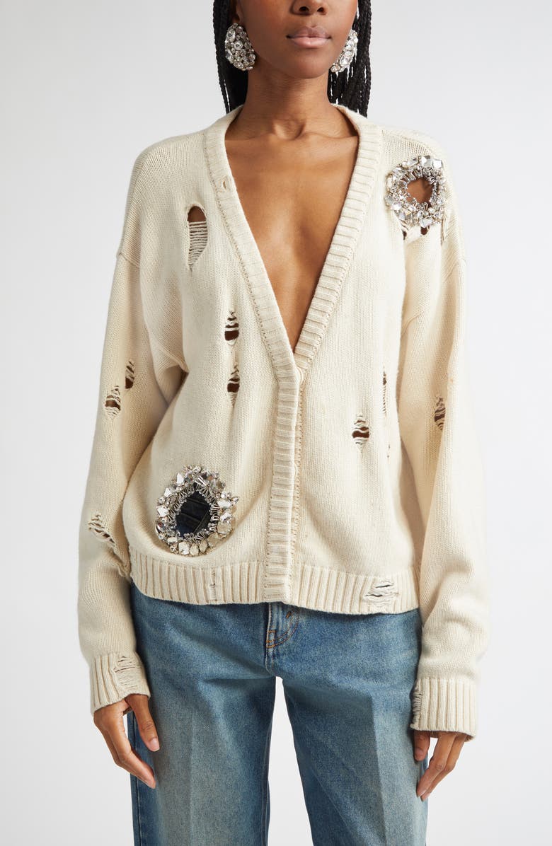 Area Distressed Crystal Cardigan, Main, color, Cream