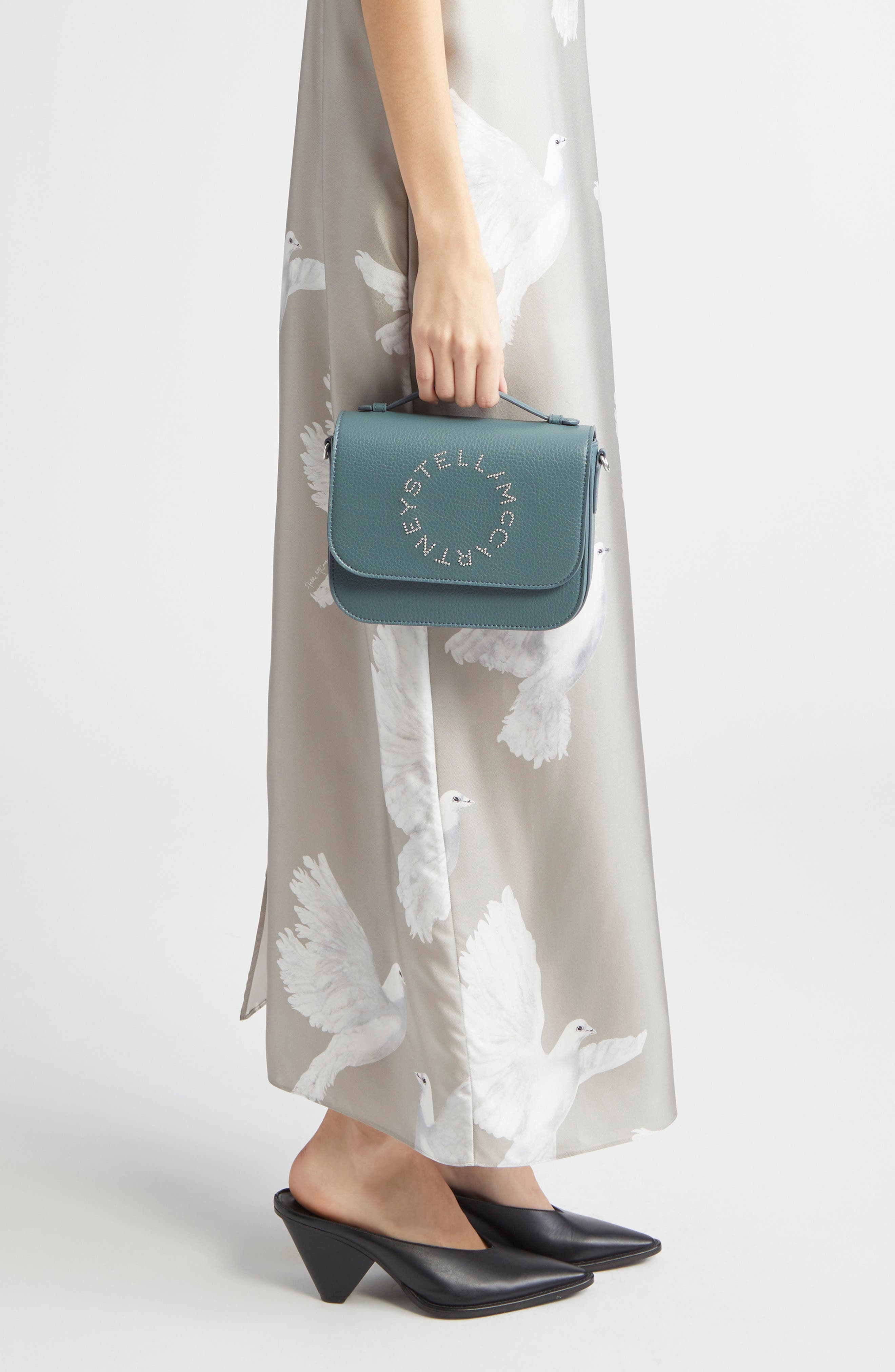 Stella McCartney Studded Logo Faux Leather Crossbody Bag, Alternate, color, Balsam Green