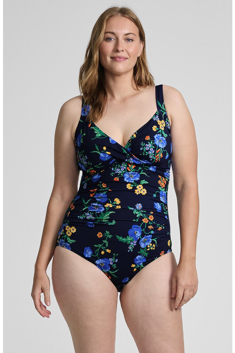 Plus Size Sweetheart Underwire Wrap One Piece Swimsuit, Main, color, Navy/Tossed Poppy Floral