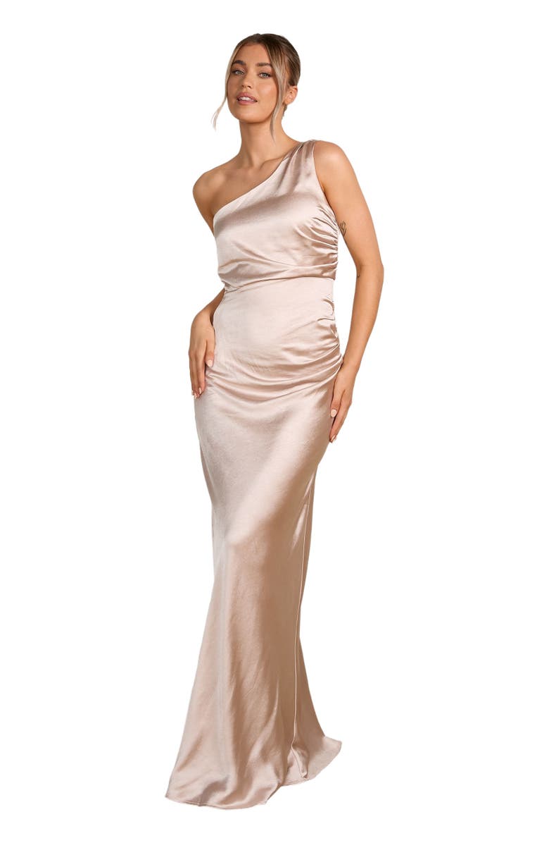 Six Stories One Shoulder Satin Bridesmaid Dress, Main, color, Oyster