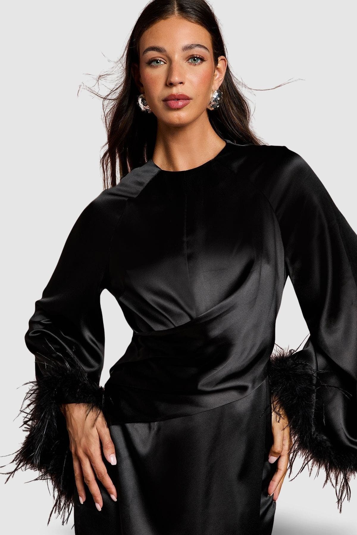 Feather Trim Satin Maxi Dress - image 2