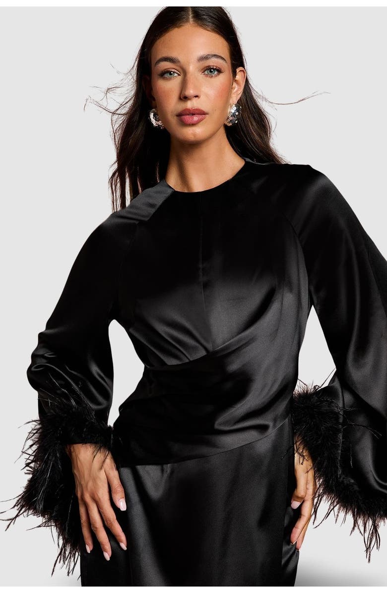 Coast Feather Trim Satin Maxi Dress, Alternate, color, Black