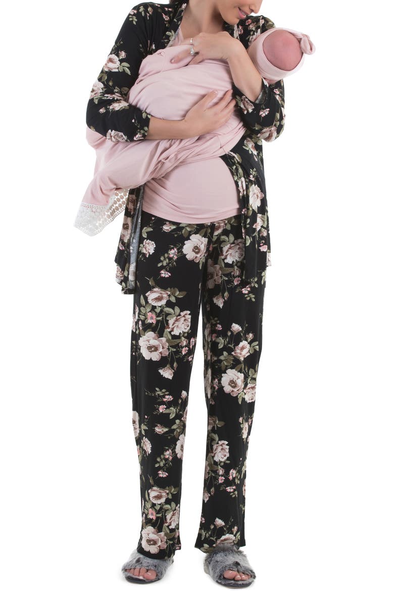 Maternity/Nursing Cardigan, Top, Pants, Baby Wrap & Headband Set, Alternate, color, PINK