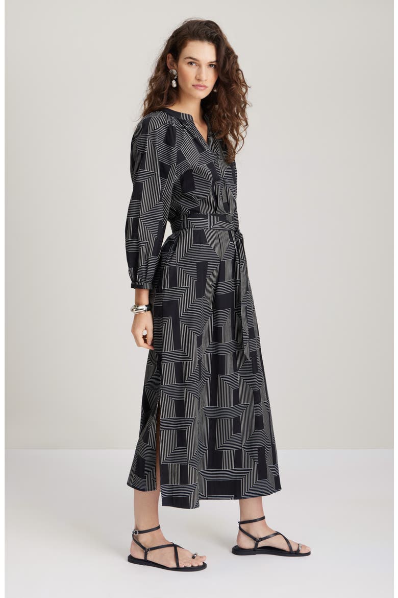 Long Sleeve Belted Cotton Poplin Maxi Dress, Alternate, color, BLACK- IVORY STRIPE MIX