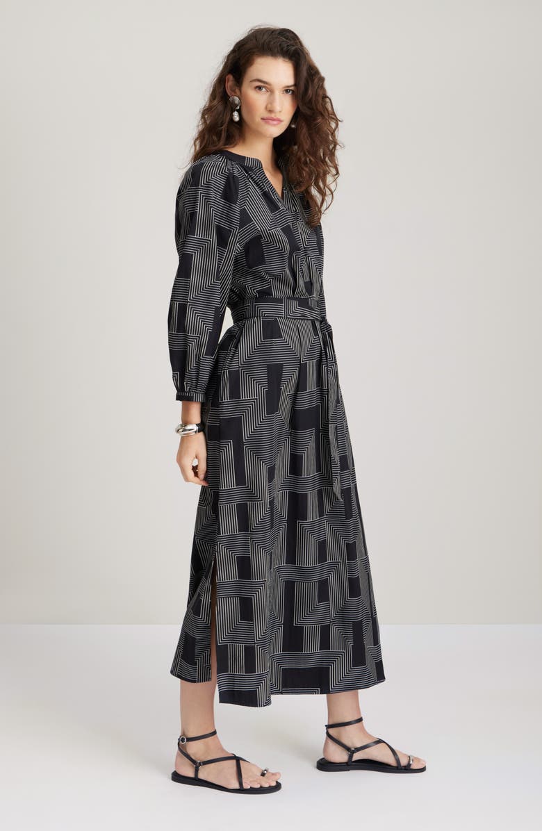 Nordstrom Long Sleeve Belted Cotton Poplin Maxi Dress, Alternate, color, Black- Ivory Stripe Mix