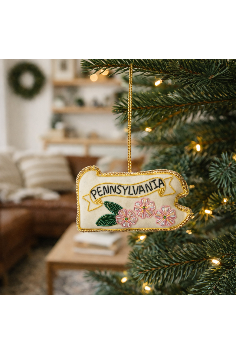 Pennsylvania State Mountain Laurel Beaded Fabric Ornament - Embroidered, Alternate, color, Cream