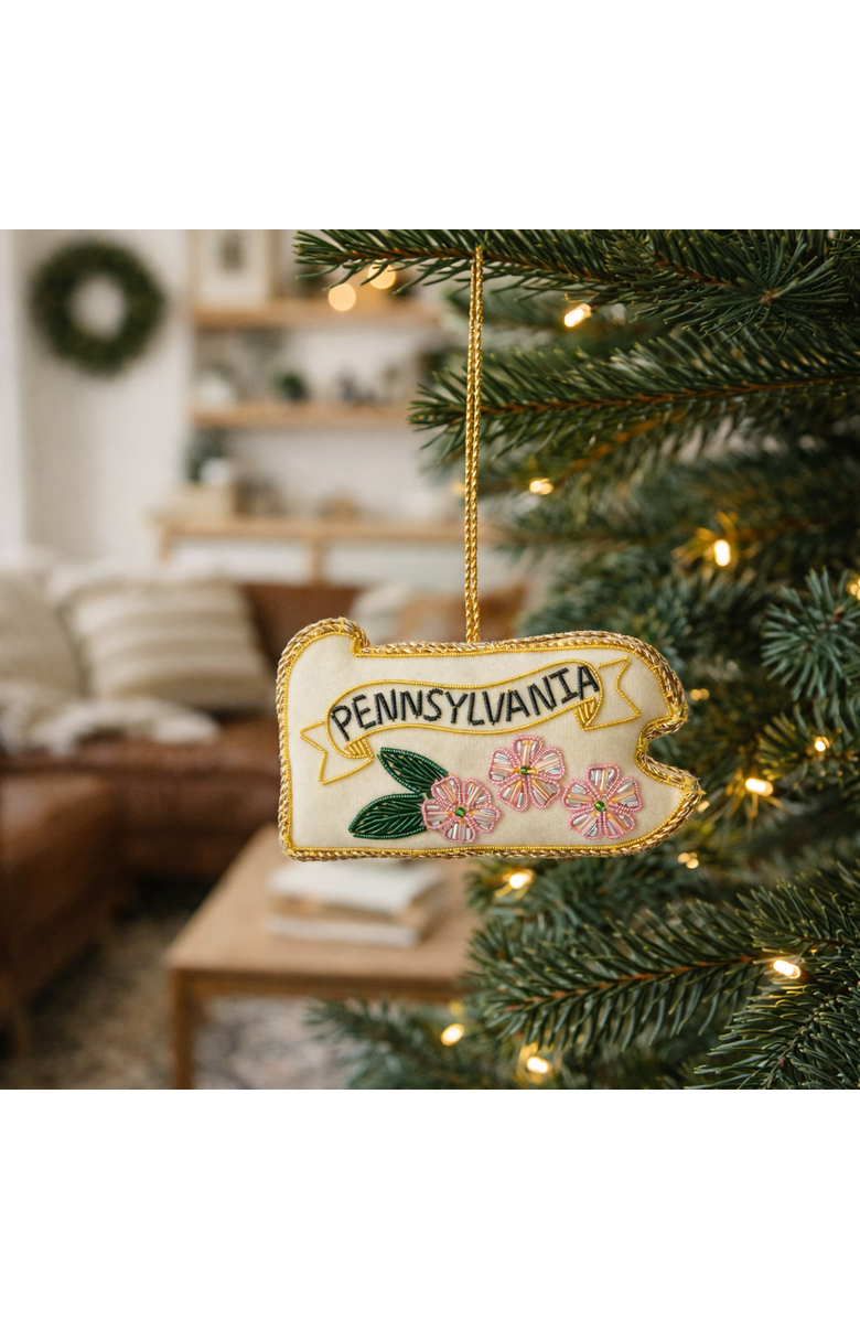 Matr Boomie Pennsylvania State Mountain Laurel Beaded Fabric Ornament - Embroidered, Alternate, color, Cream