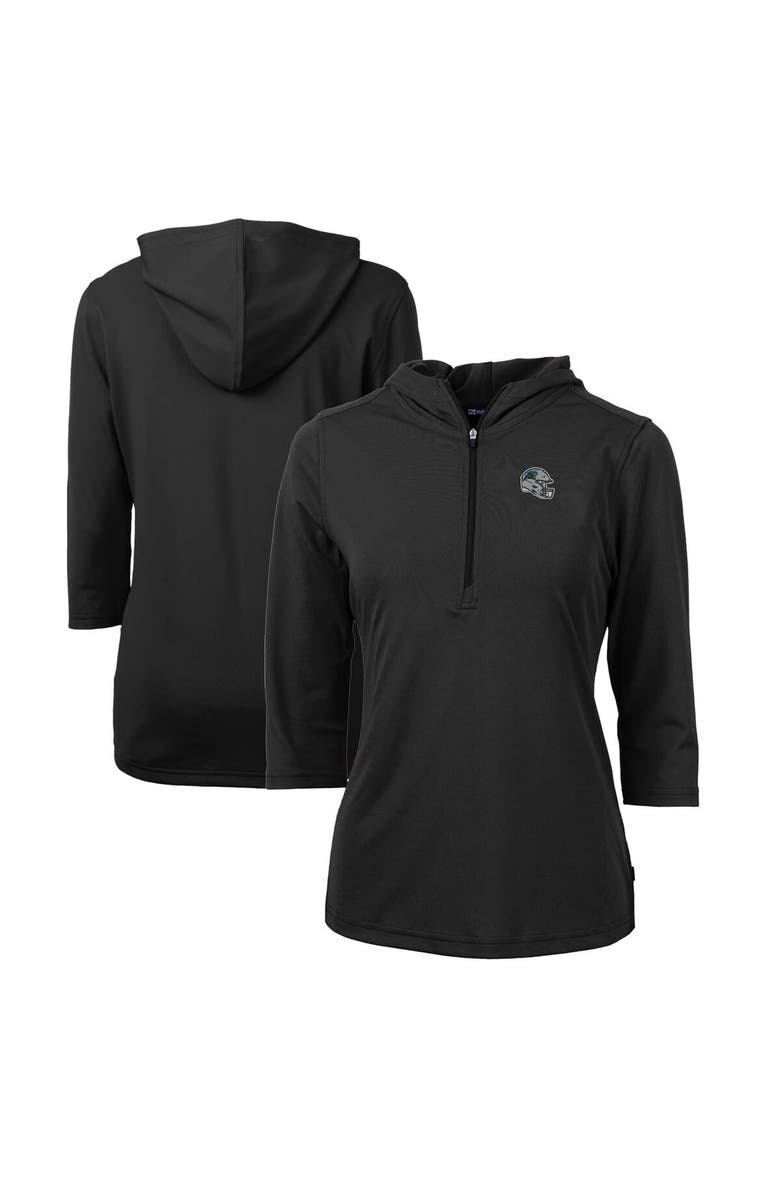 Cutter & Buck Women's Cutter & Buck  Black Carolina Panthers Helmet Logo DryTec Virtue Eco Pique Recycled 3/4-Sleeve Half-Zip Pullover Hoodie, Main, color, 