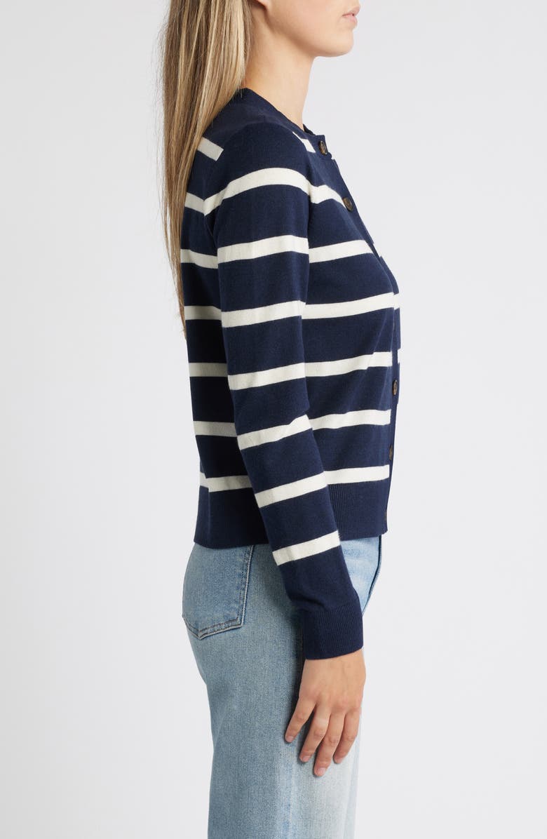 Caslon<sup>®</sup> Classic Crewneck Cardigan, Alternate, color, Navy- Ivory Renee Stripe