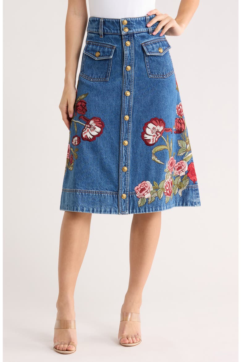 Dahlia Button Front Denim Midi Skirt, Main, color, BROOKLYN BLUE/ MULTI