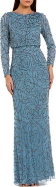 Mac Duggal Long Sleeve Floral Beaded Blouson Gown