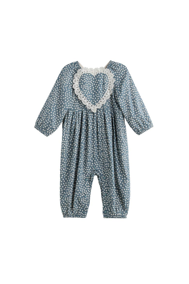 Dolly Long Sleeve Floral Lace Heart Bubble Romper, Main, color, Blue