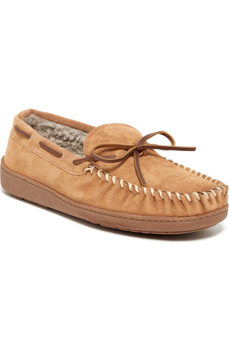Minnetonka Tory Traditional Trapper Faux Fur Lined Suede Slipper, Main, color,