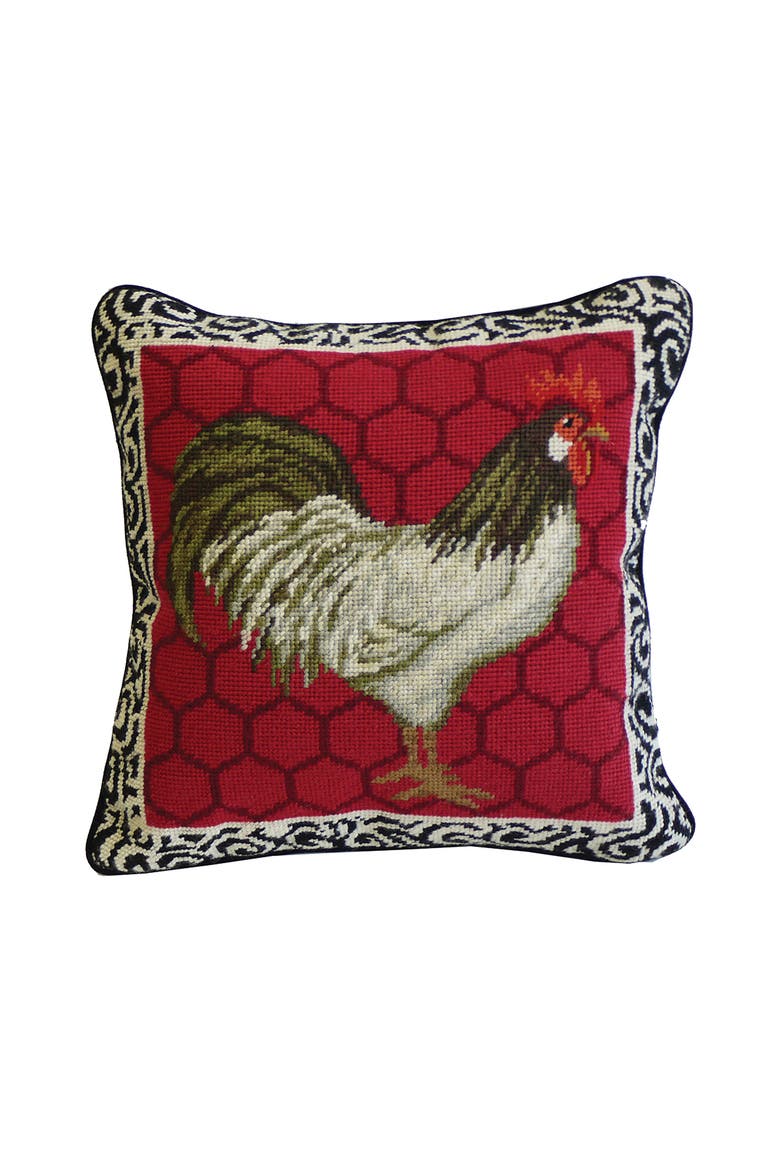 Red Black & White Rooster Needlepoint Accent Pillow, 14" x 14", Main, color, Red