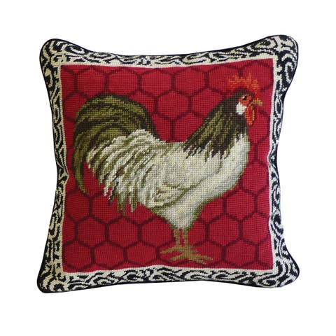 Red Black & White Rooster Needlepoint Accent Pillow, 14" x 14"