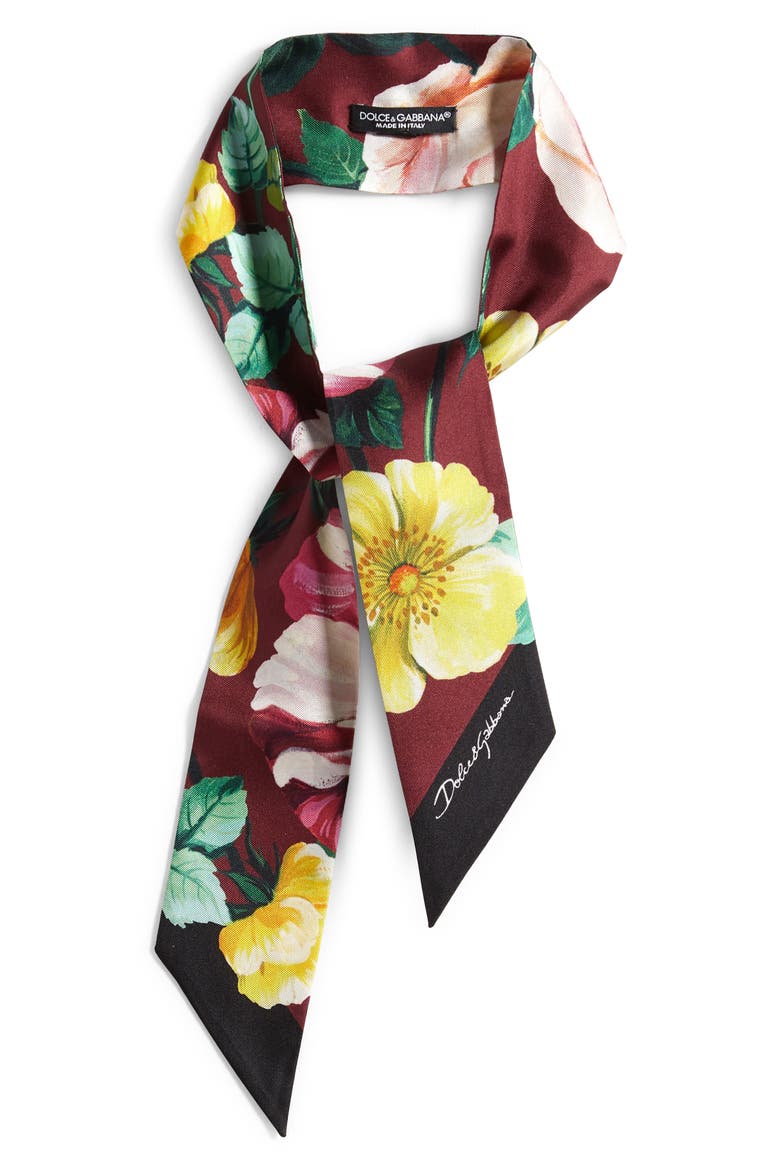 Floral Print Silk Twilly Scarf, Alternate, color, DK RED PRT