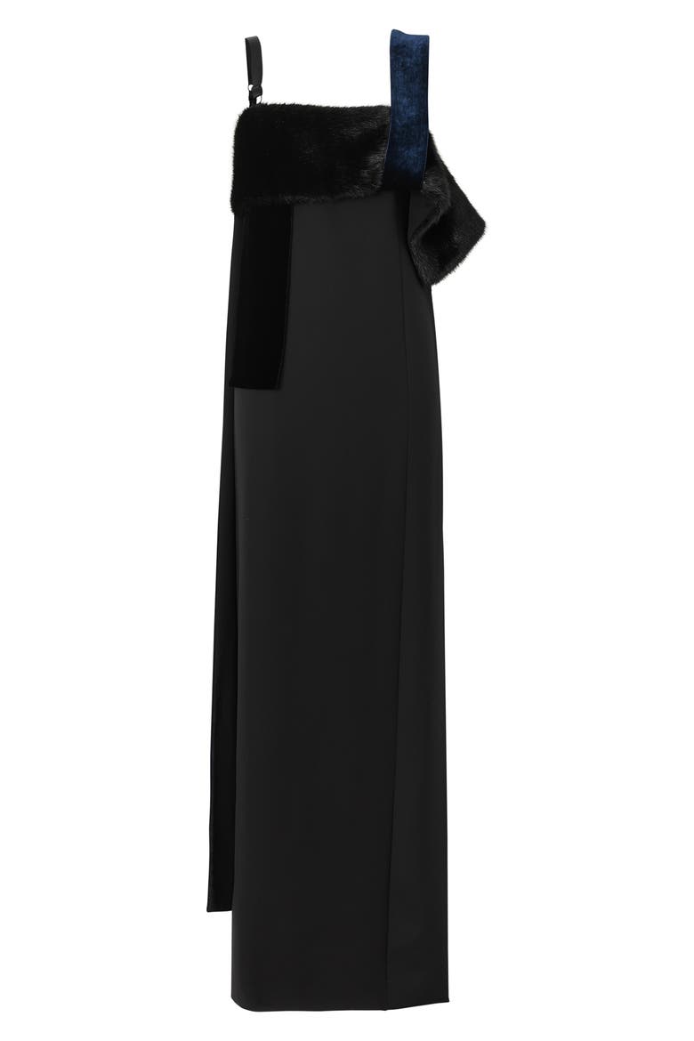 Faux Fur Detail Silk Gown, Alternate, color, BLACK