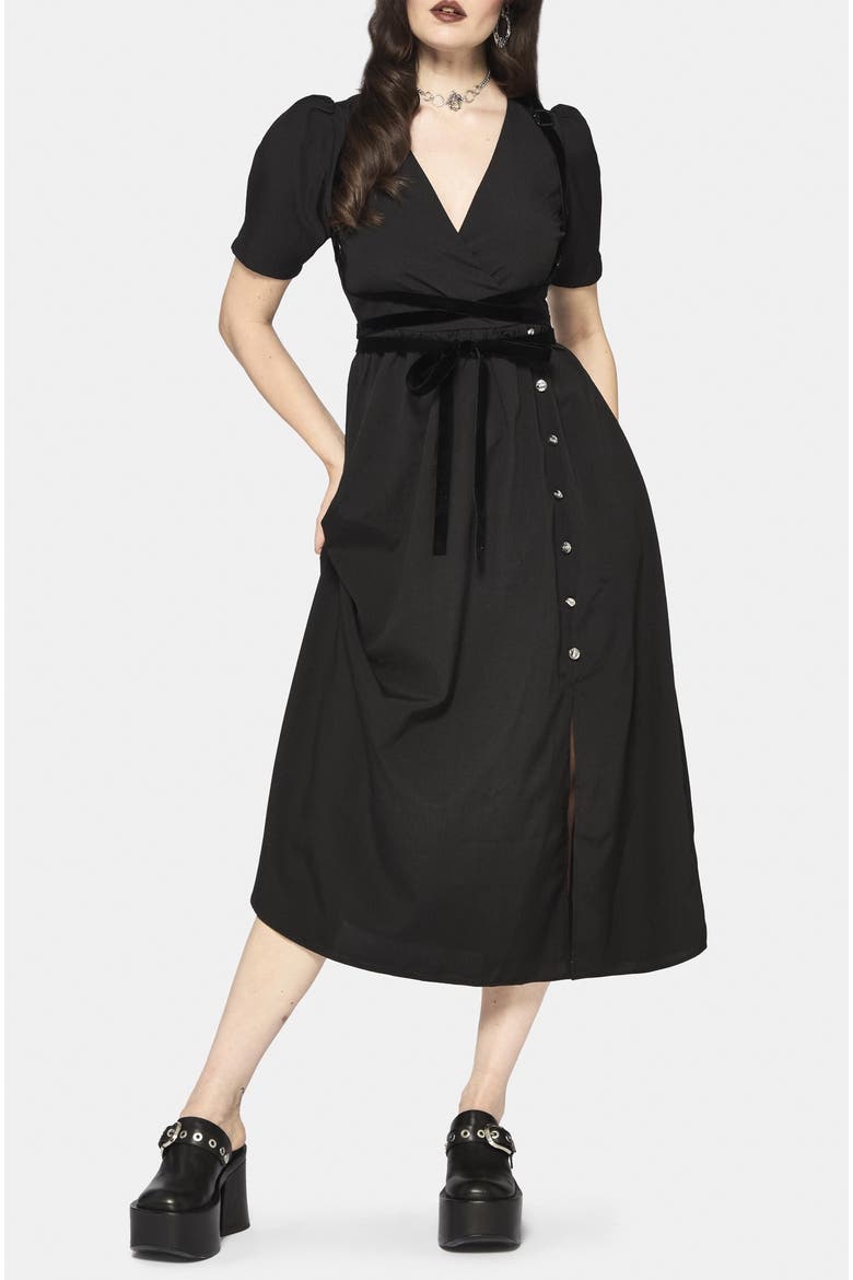 Brae Wrap Centipede Button Midi Dress, Alternate, color, Black