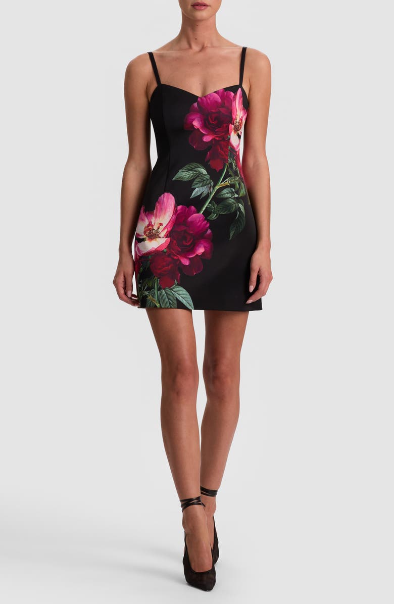 Alice + Olivia Nina Placed Floral Minidress, Main, color, Empress Bloom Black