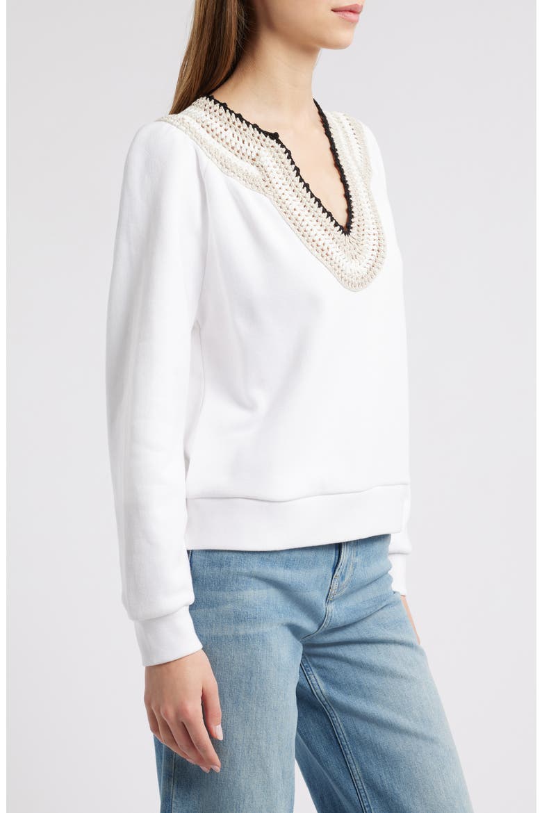 Sava Crochet Stitch Cotton Sweatshirt, Alternate, color, WHITE WITH CROCHET