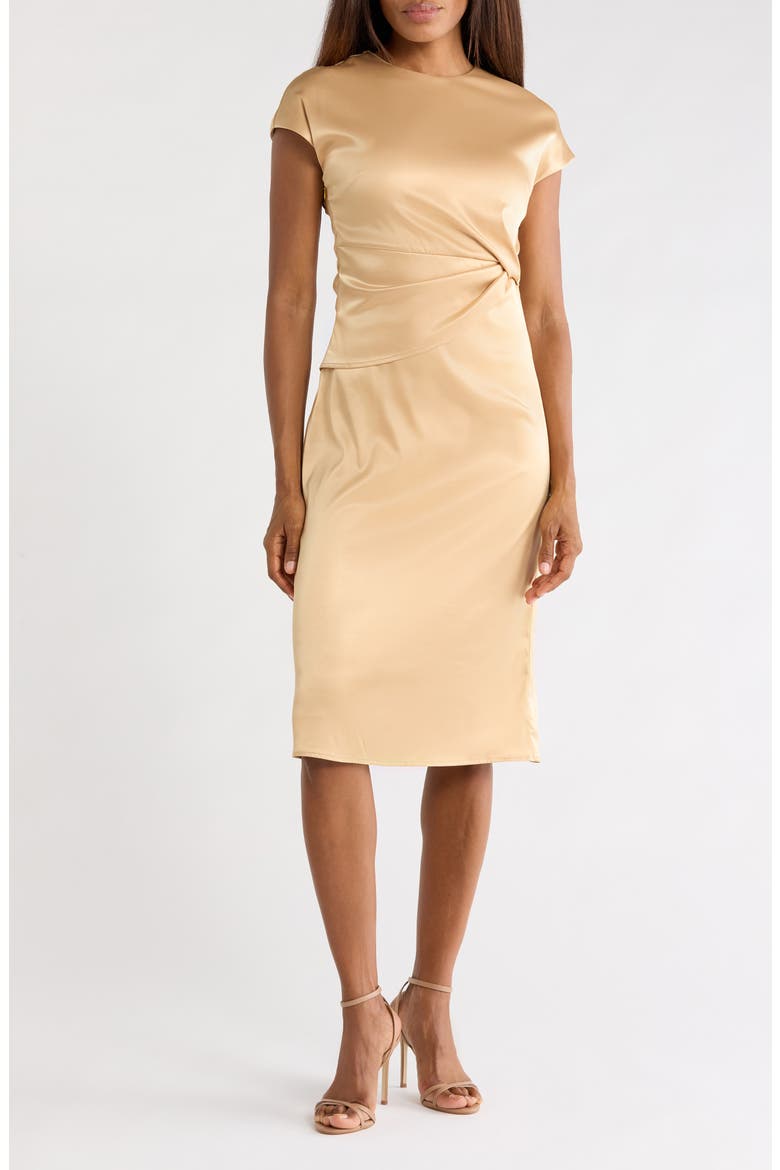 Draped Satin Midi Dress, Main, color, GOLD