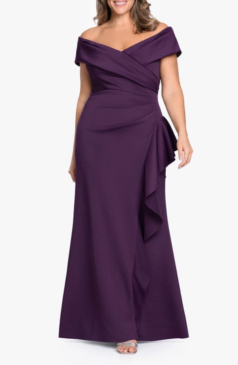Off the Shoulder Ruffle Scuba Crepe Gown