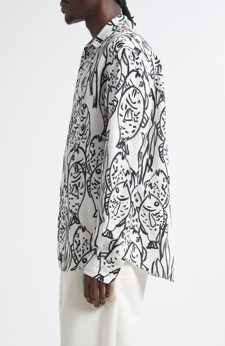Jacquemus La Chemise Simon Fish Print Button-Up Shirt, Alternate, color, Fish Black And White