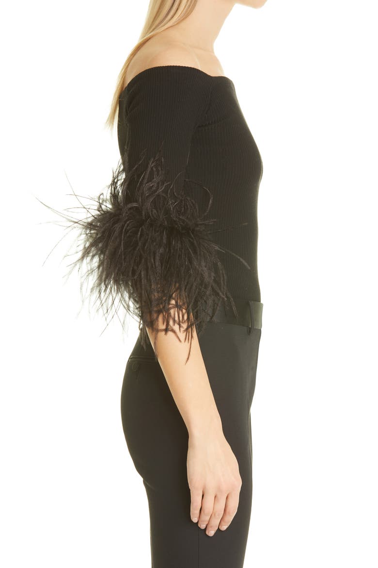 Feather Trim Off the Shoulder Cashmere Knit Top, Alternate, color, 1000 NOIR