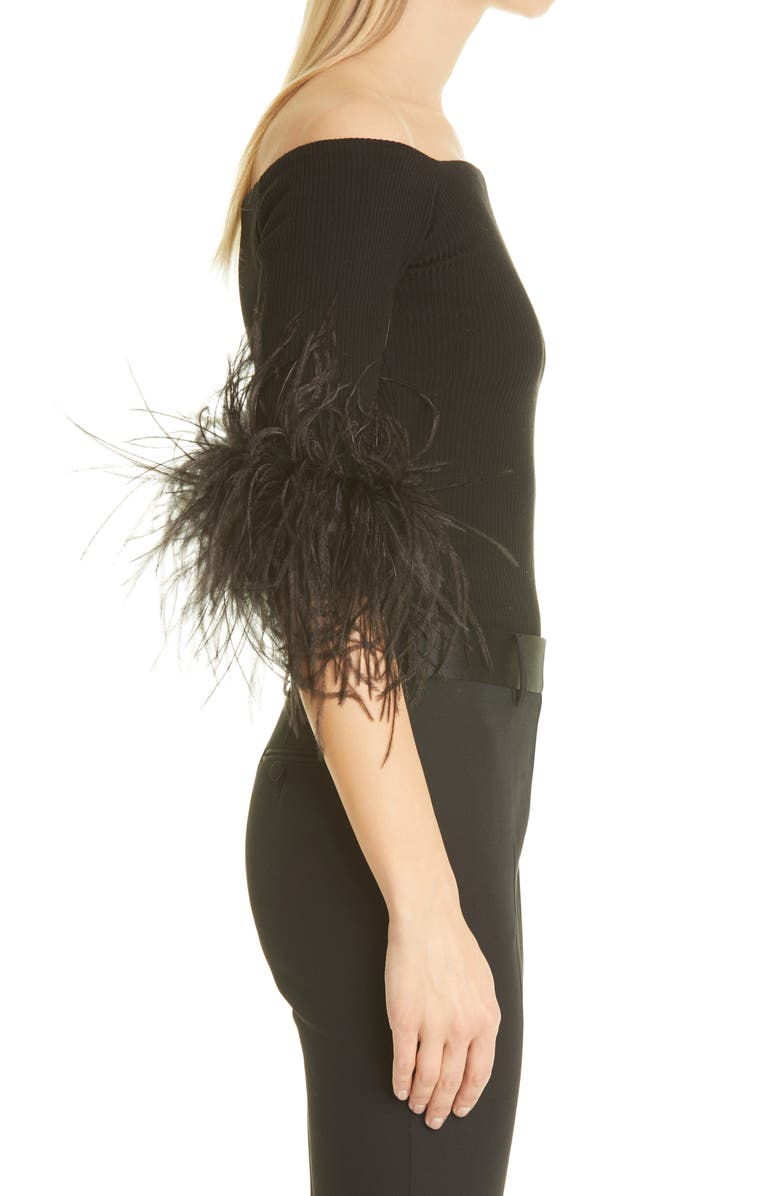Saint Laurent Feather Trim Off the Shoulder Cashmere Knit Top, Alternate, color, 
