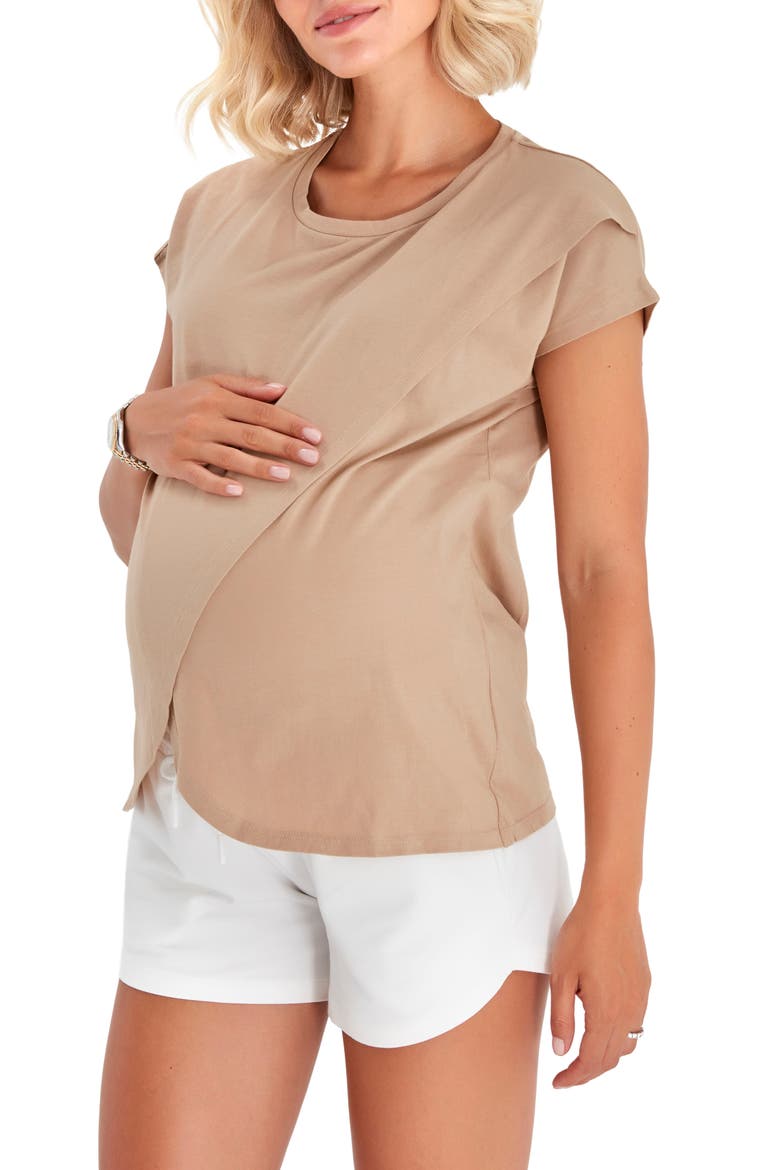 Handy Crossover Short Sleeve Cotton Maternity/Nursing Top, Main, color, BEIGE
