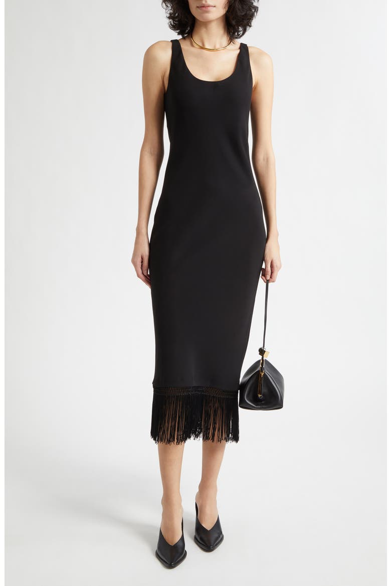 Bianca Fringe Hem Midi Dress, Alternate, color, BLACK