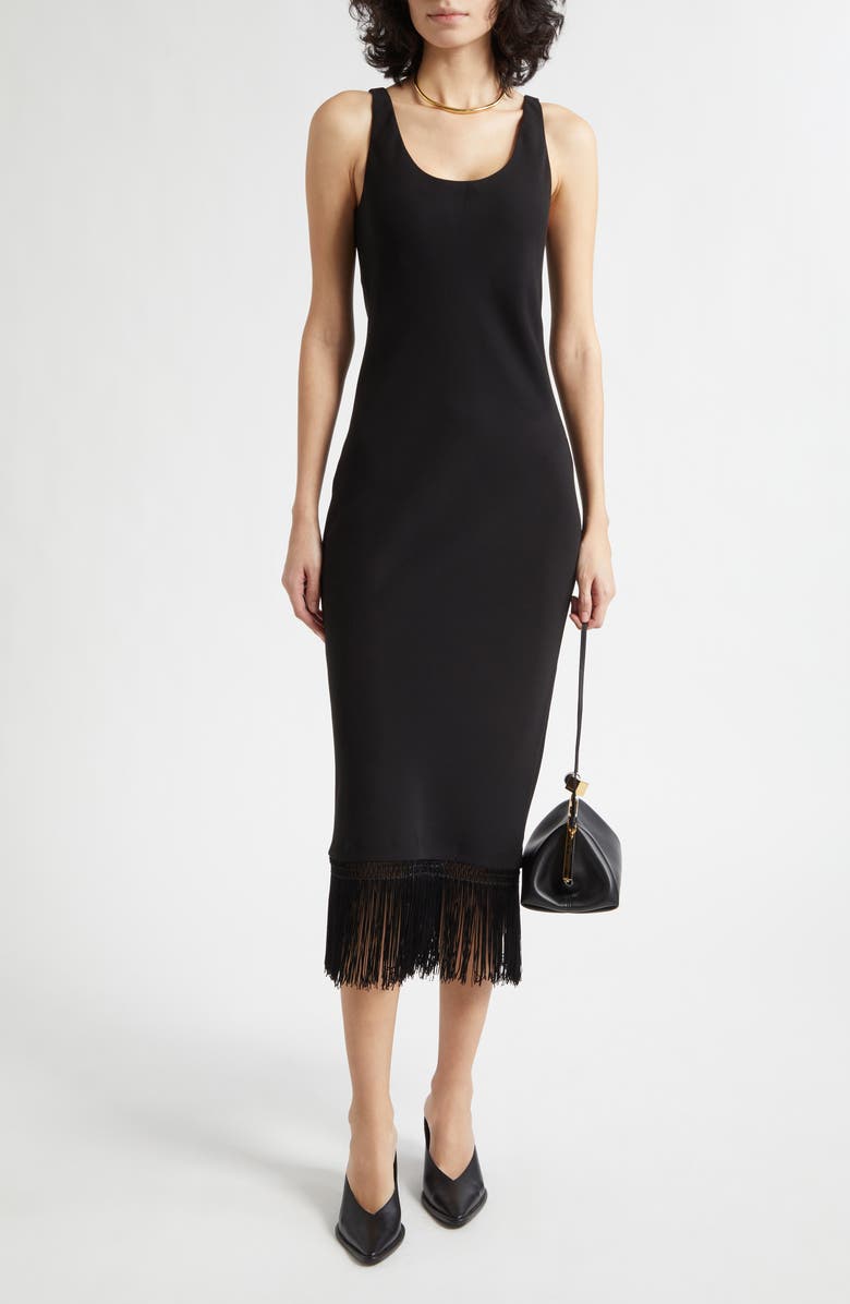 POSSE Bianca Fringe Hem Midi Dress, Alternate, color, Black