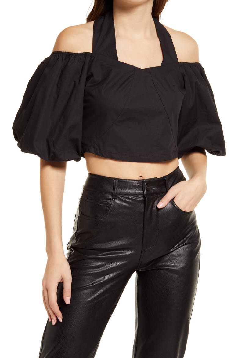 Halter Neck Puff Sleeve Cotton Crop Top, Main, color, BLACK
